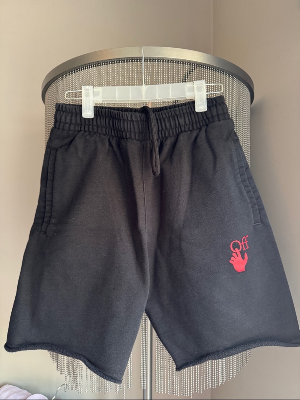 Off-White Black Athletic Shorts with Red Logo
